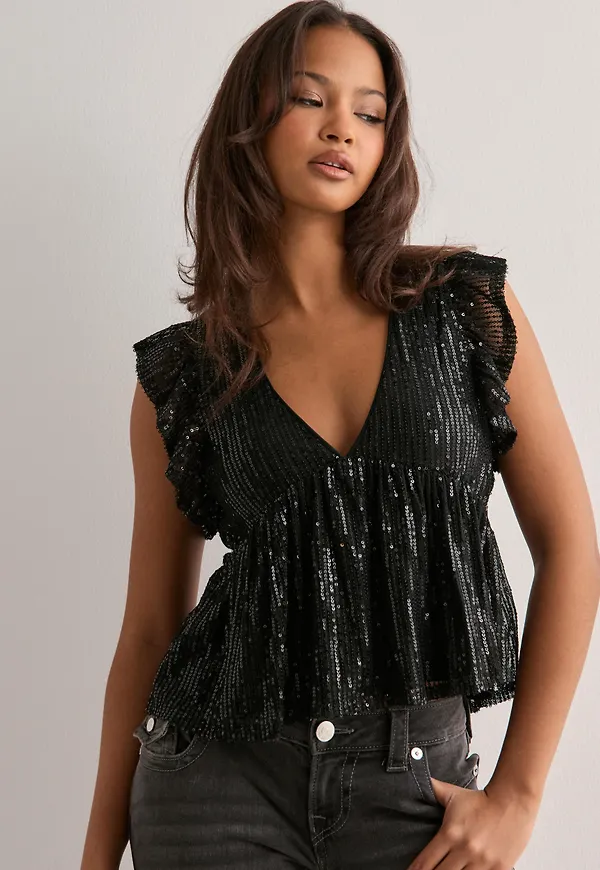 Nelly - Svart - Sequin Flounce Top