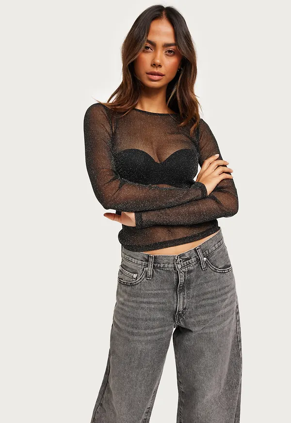 Nelly - Svart - Sparkle Mesh LS Top
