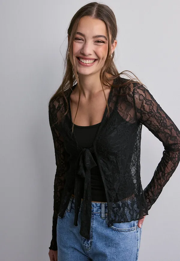 Nelly - Svart - Tie Front Lace Top