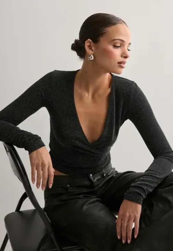Nelly - Svart - Wrap Lurex Top