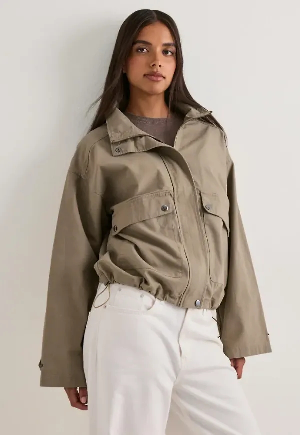 Nelly - Beige - Funnel Neck Cotton Jacket