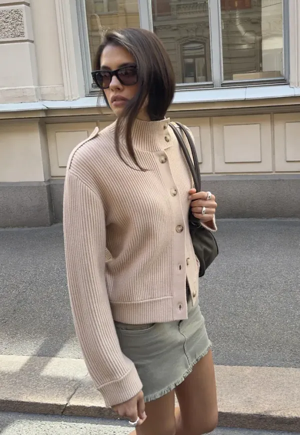 Nelly - Beige - Rib Knit Bomber Jacket