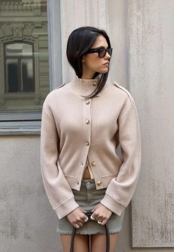 Nelly - Beige - Rib Knit Bomber Jacket