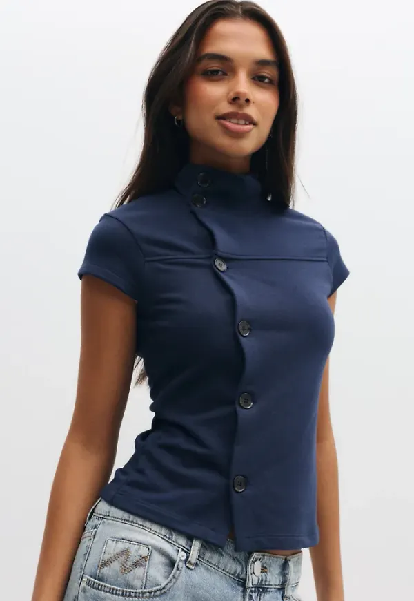 Nelly - Blå - High Neck Button Top