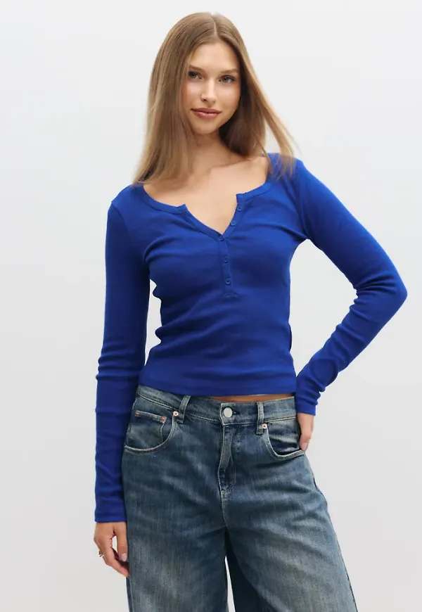 Nelly - Blå - Perfect Rib Button LS Top