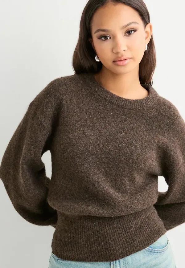 Nelly - Brun - Barrel Sleeve Knit Sweater