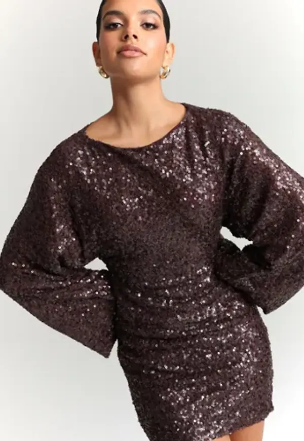 Nelly - Brun - Glitter Volume Sleeve Dress
