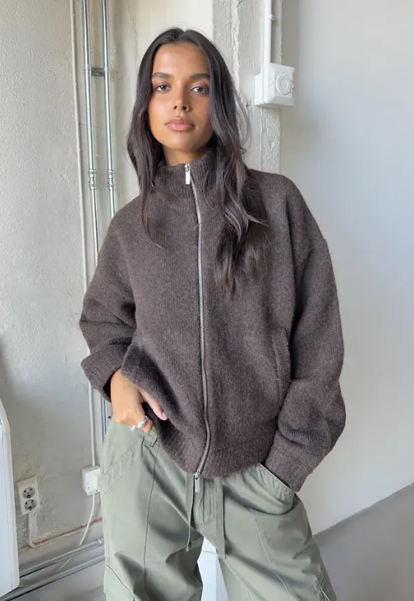 Nelly - Brun - Knit Bomber Jacket
