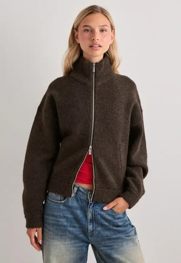Nelly - Brun - Knit Bomber Jacket
