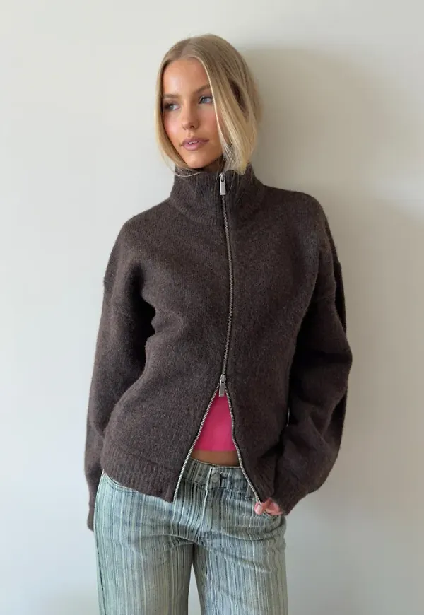 Nelly - Brun - Knit Bomber Jacket