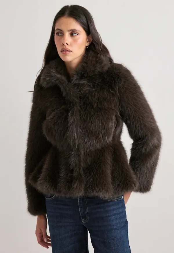 Nelly - Brun - Peplum Faux Fur Jacket