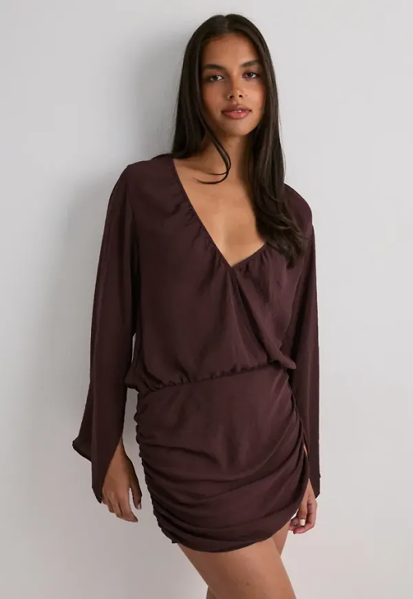 Nelly - Brun - Wrap Volume Sleeve Dress