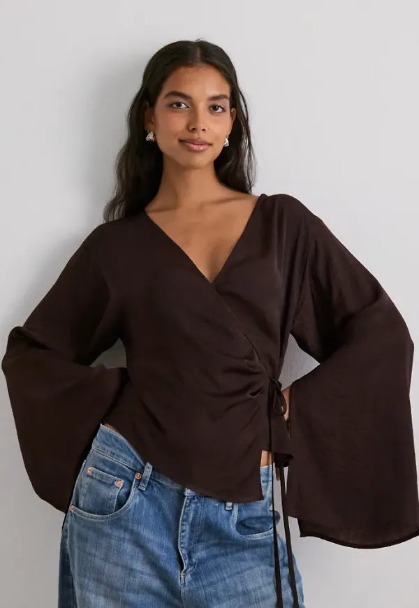 Nelly - Brun - Wrap Wide Sleeve Blouse