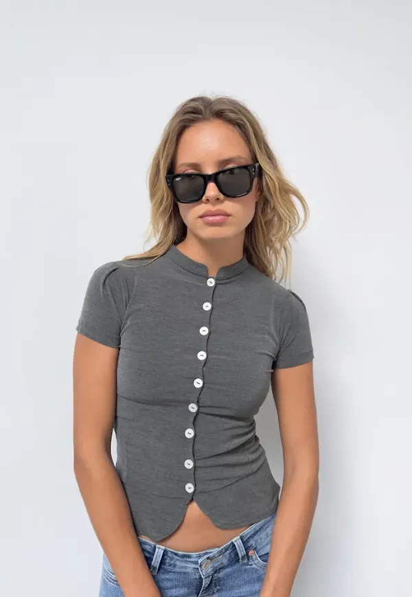 Nelly - Grå - Collar Button Top