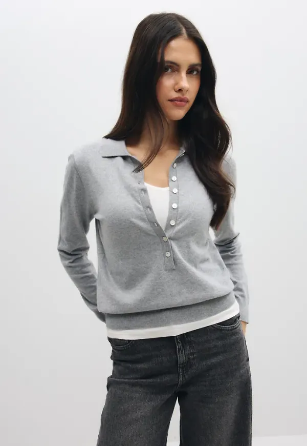 Nelly - Grå - Fine Knit Button Collar Sweater
