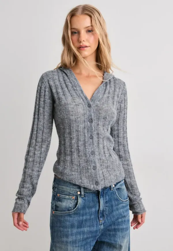 Nelly - Grå - Hood Knit Cardigan