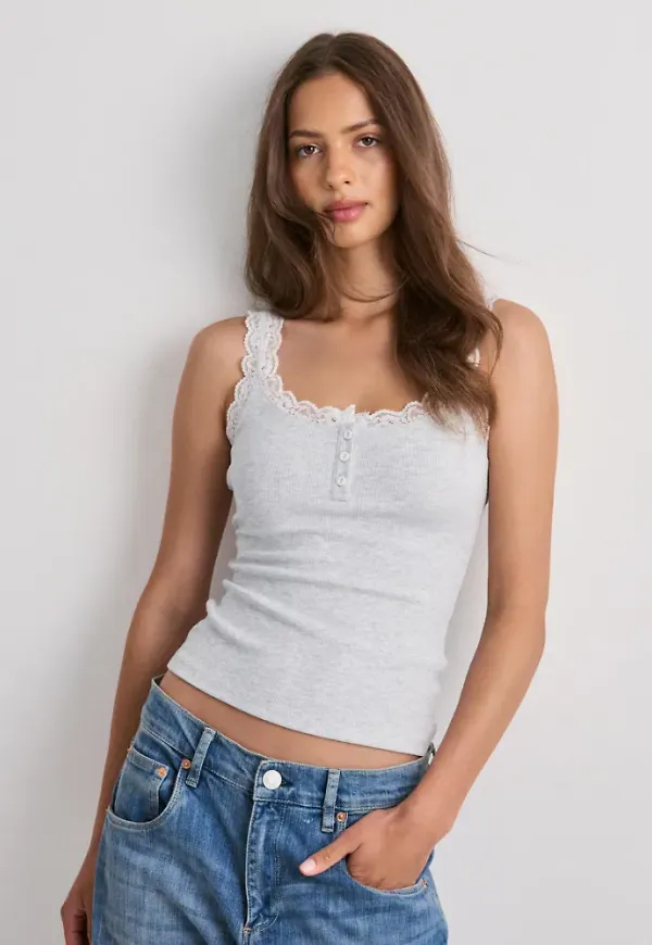 Nelly - Grå - Rib Button Lace Singlet