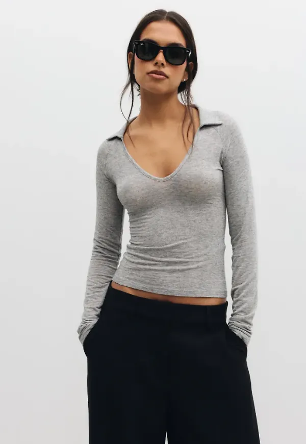 Nelly - Grå - Soft Wool Blend Collar Top