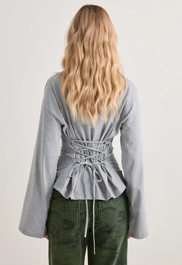 Nelly - Grå - Tie waist LS top
