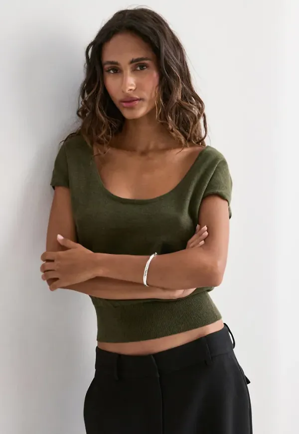 Nelly - Grön - Deep Neck Knit Top