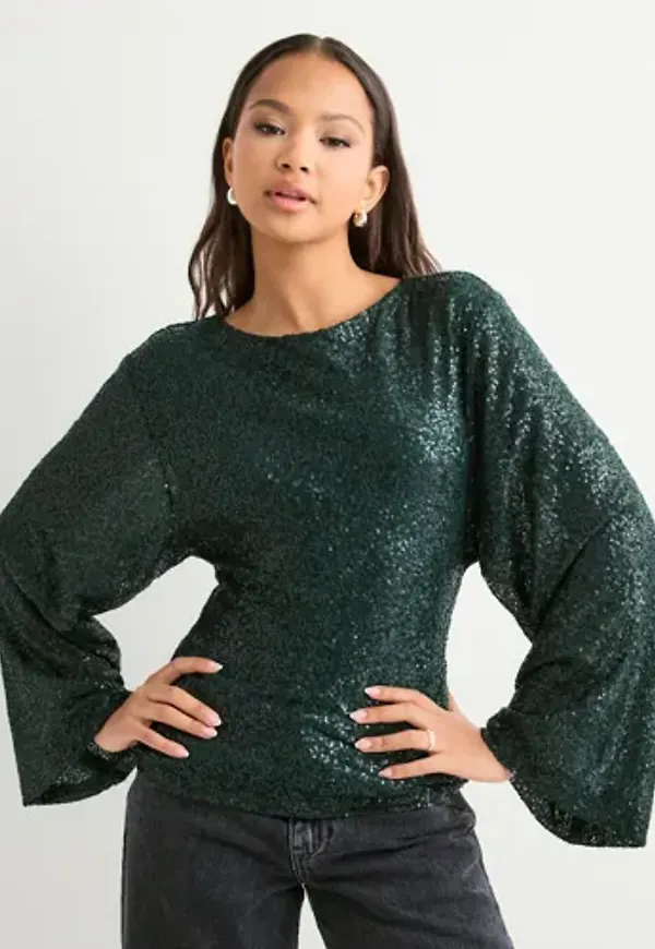 Nelly - Grön - Glitter Volume Sleeve Top