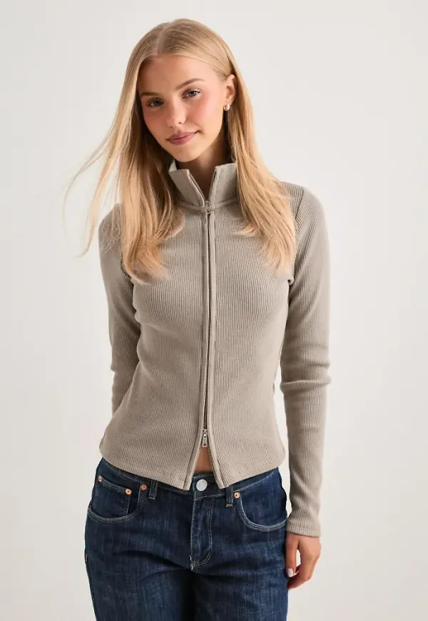Nelly - Grön - Rib Zip Cardigan