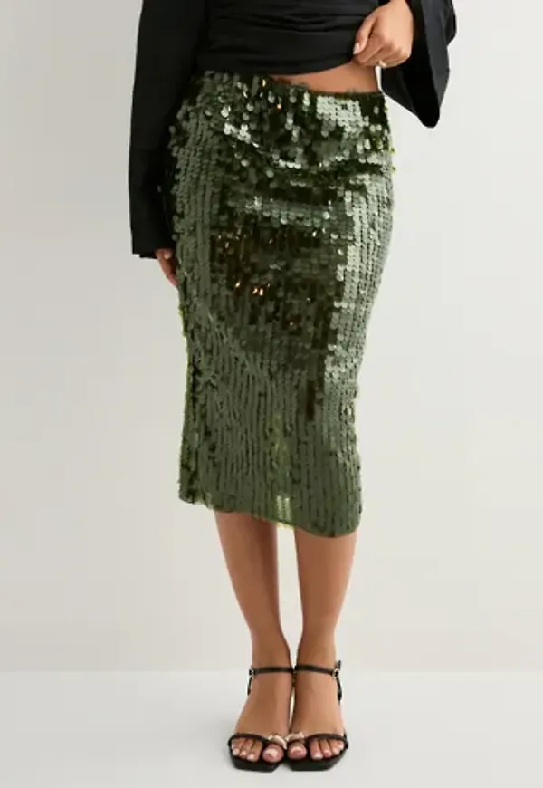 Nelly - Grön - Sequin Mesh Midi Skirt