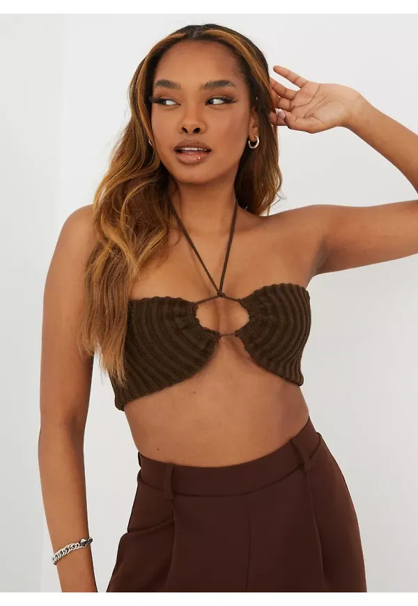 Nelly Halterneck Knit Bralette Festtoppar Brown