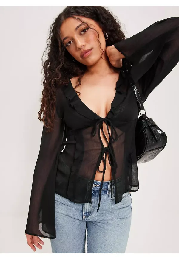 Nelly Lovely Flounce Blouse Festblusar Svart