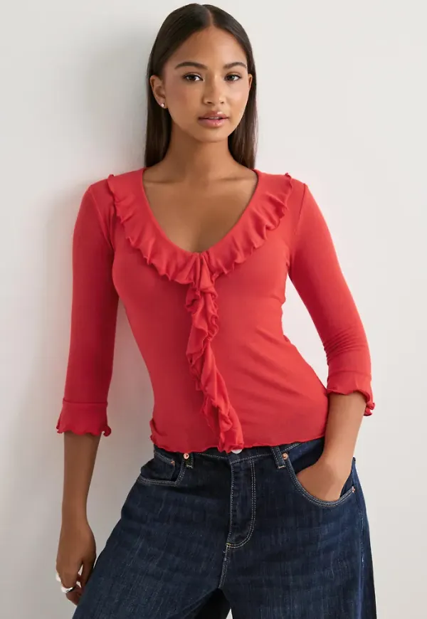 Nelly - Röd - Half Sleeve Ruffle Top