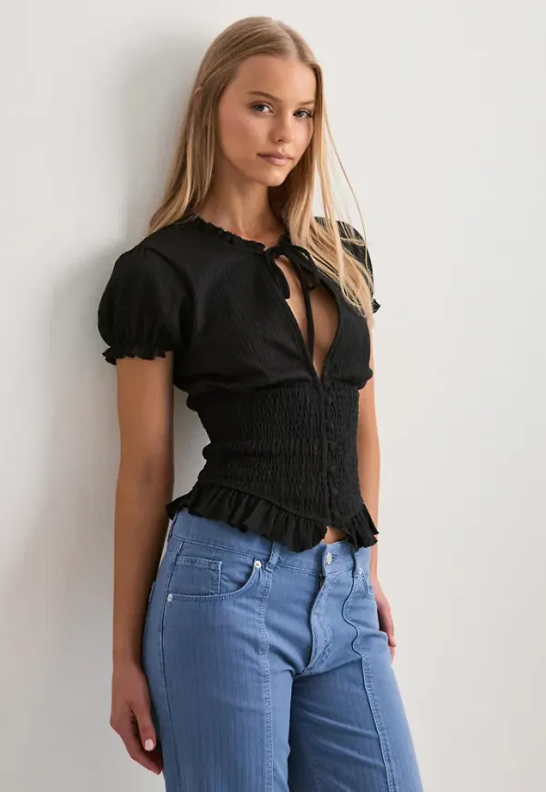 Nelly - Svart - Cute Smock Blouse Top