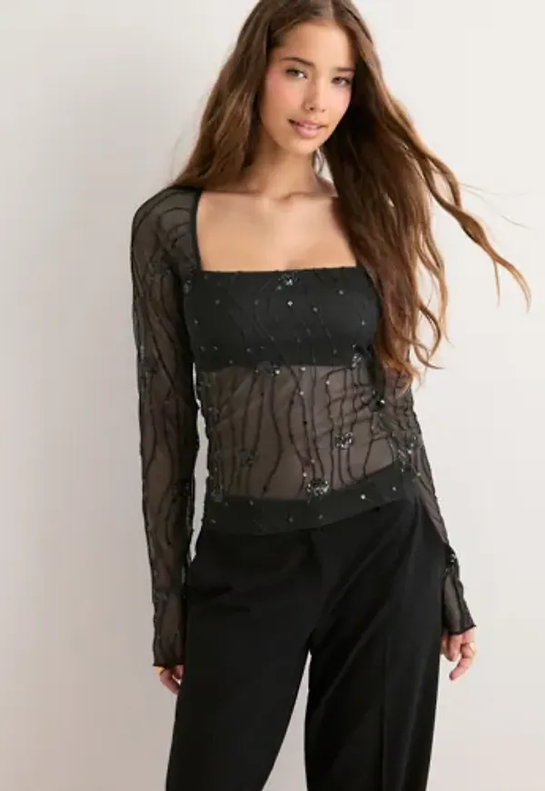 Nelly - Svart - Embellished LS Top