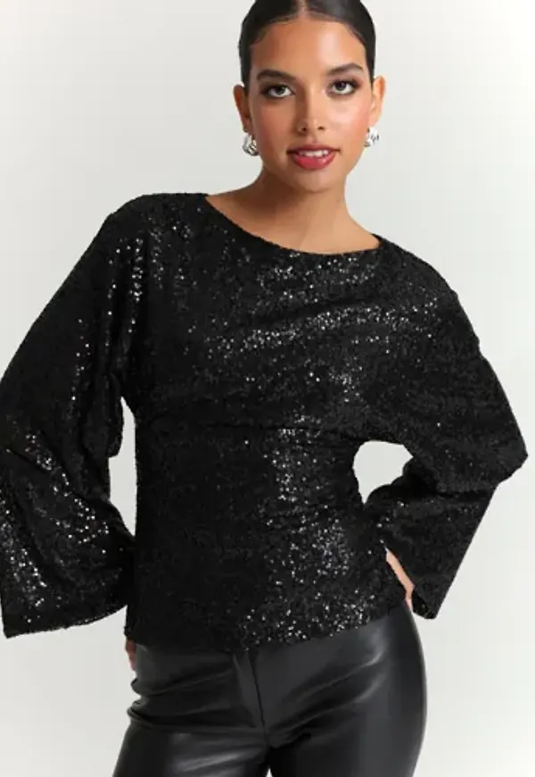 Nelly - Svart - Glitter Volume Sleeve Top