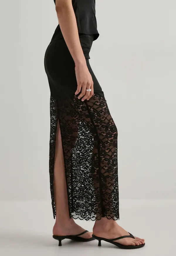 Nelly - Svart - Satin Lace Skirt