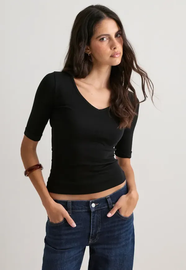 Nelly - Svart - V Neck Half Sleeve Top