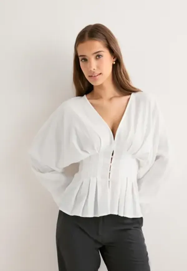 Nelly - Vit - Button Pleat Blouse