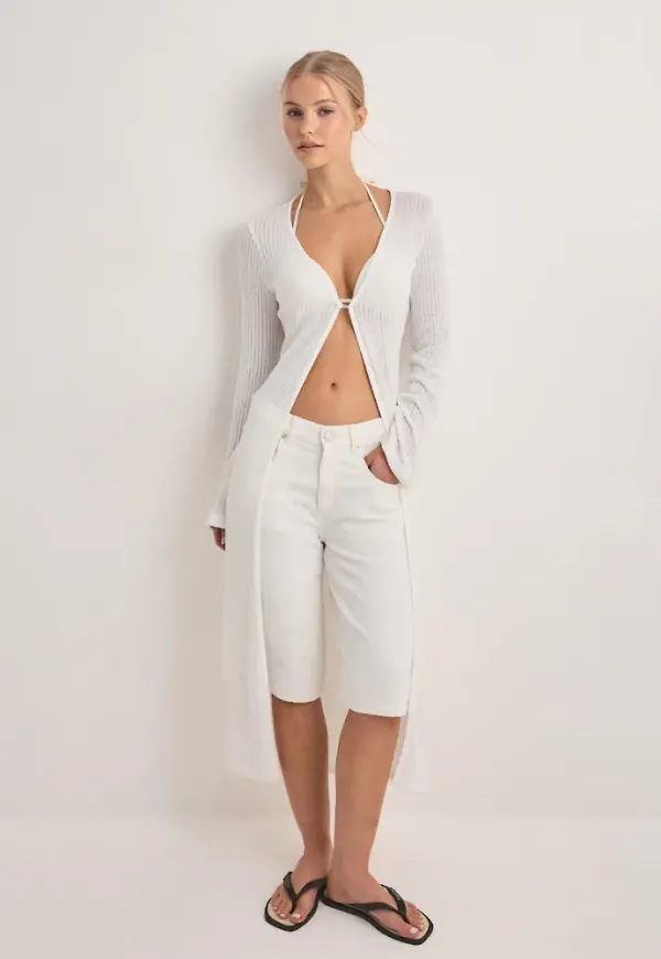 Nelly - Vit - Effortless Rib Long Cardigan