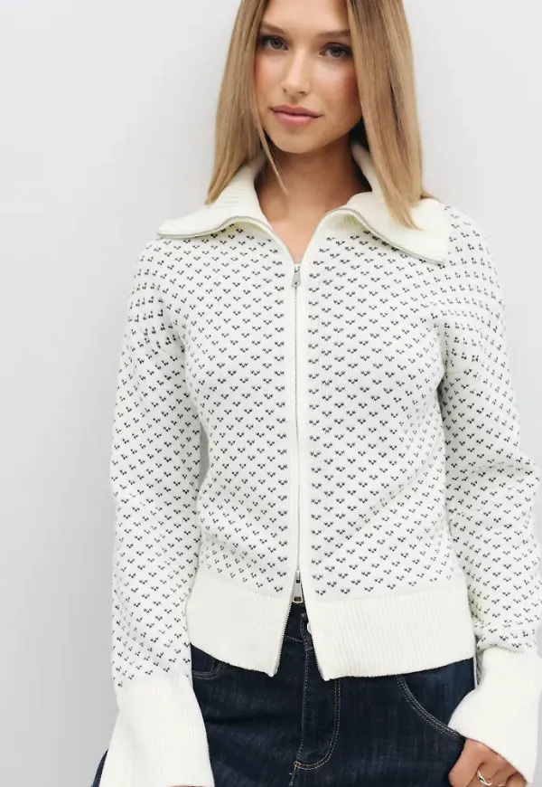 Nelly - Vit - Jacquard Zip Knit Jacket