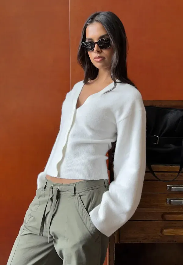Nelly - Vit - Tight Waist Knit Cardigan