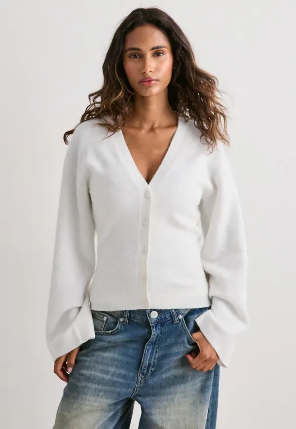Nelly - Vit - Tight Waist Knit Cardigan