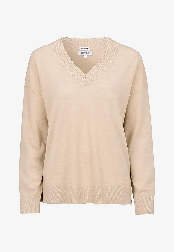 Newhouse - V-ringad i merinoull Lara - Beige