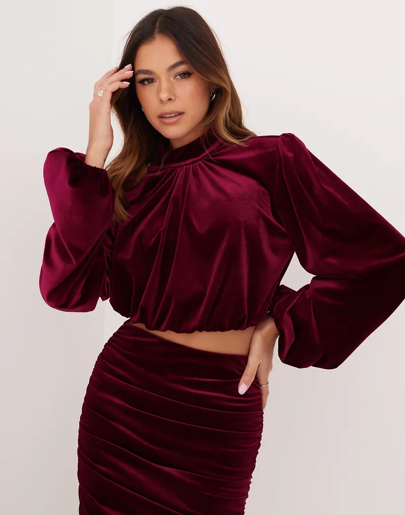 NLY One - Crop tops - Wine - Volume Velvet Blouse - Toppar