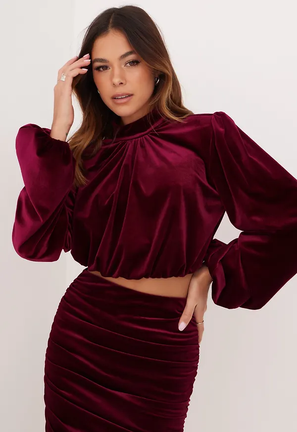 NLY One - Crop tops - Wine - Volume Velvet Blouse - Toppar
