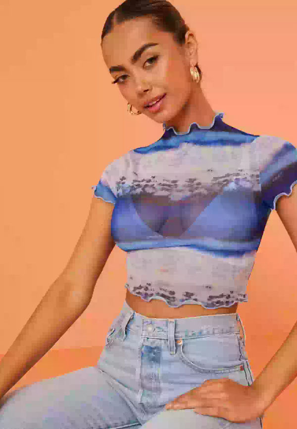 NLY One Mesh Cropped Top Mesh tops Blå Mönstrad