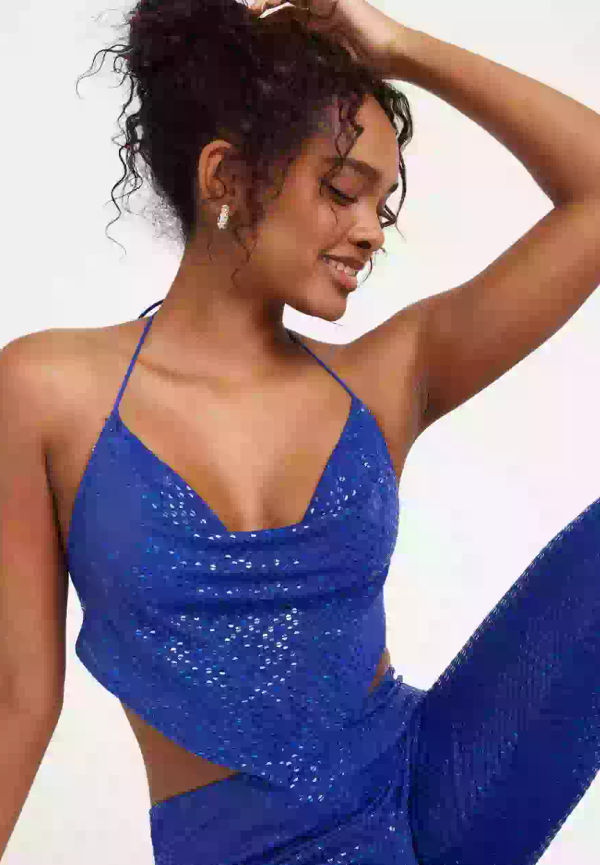 NLY One Sequin Cowl Neck Top Crop tops Blå