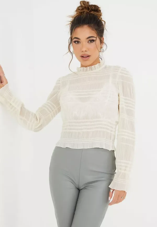 NLY Trend - Blusar - Creme - Ruched Glitter Blouse - Blusar & Skjortor