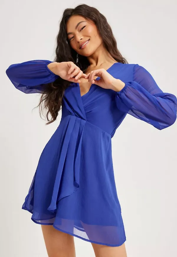 NLY Trend - Långärmade klänningar - Blå - Front Detailed Chiffon Dress - Klänningar - Long dresses
