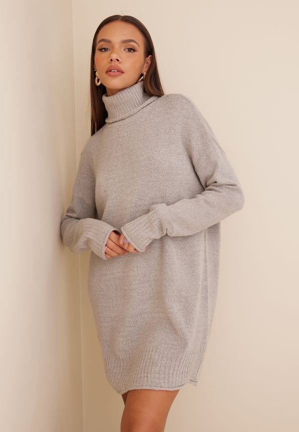 NLY Trend - Tröjor - Grey Melange - Long Roll Neck Knit Sweater - Tröjor