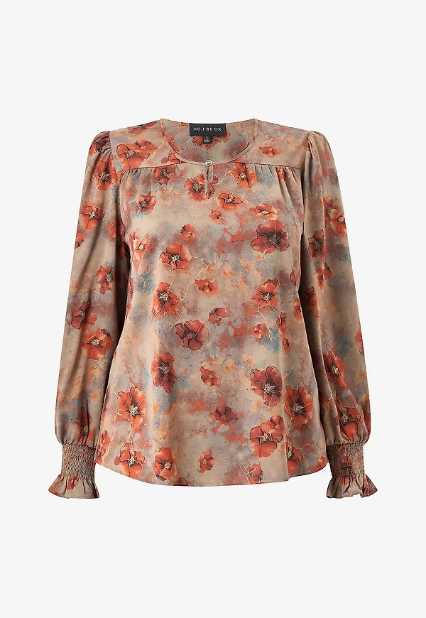 NO. 1 BY OX - Blus Blouse w Slit in front and LS w smock flair cuffs - Flerfärgad