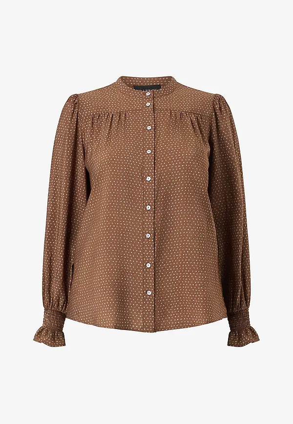 NO. 1 BY OX - Blus Shirt w china collar and LS smock cuffs flair - Brun